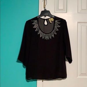 Black 3/4 Length Sheer Top w/ Sequin Neckline